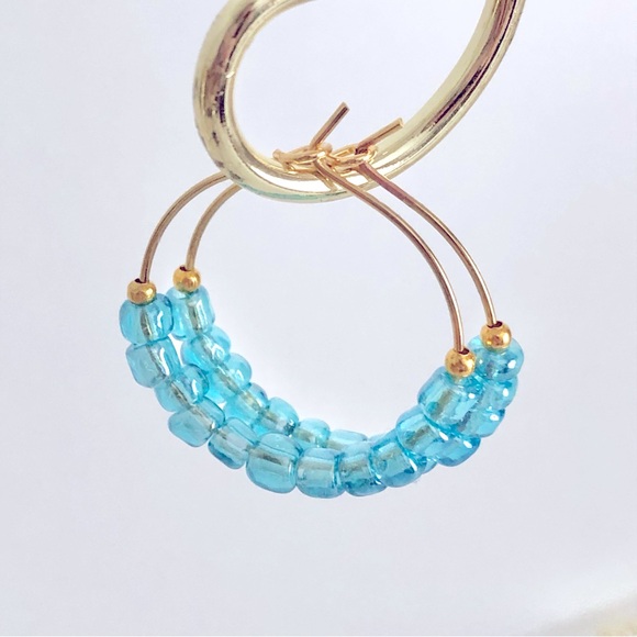 New Hand Beaded Hoop Earrings Artisan Unique Gifts Iridescent Pastel Blue Aqua - Picture 4 of 7